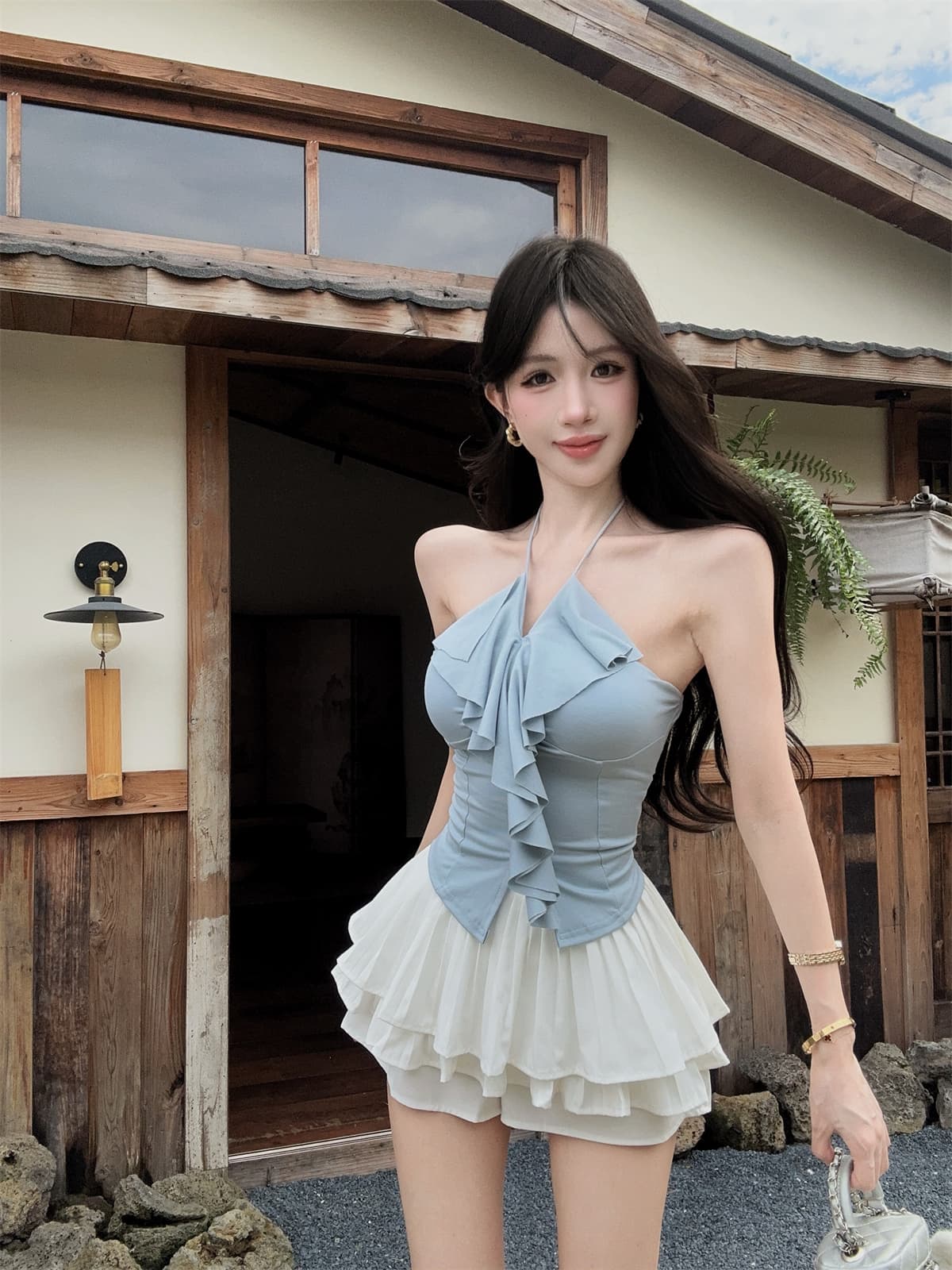 실사 정가 행침 목 스트랩 달콤한 매운맛 프릴 포장 가슴 맨위 플리츠 치마바지 미니 스커트 여성 여름 패션 세트 상세 이미지 15