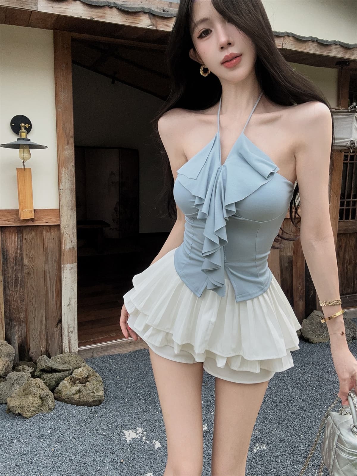 실사 정가 행침 목 스트랩 달콤한 매운맛 프릴 포장 가슴 맨위 플리츠 치마바지 미니 스커트 여성 여름 패션 세트 상세 이미지 16