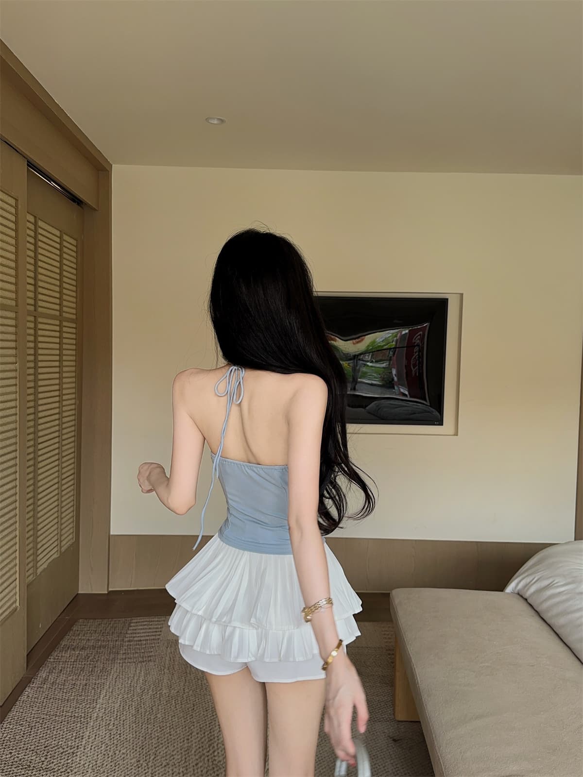 실사 정가 행침 목 스트랩 달콤한 매운맛 프릴 포장 가슴 맨위 플리츠 치마바지 미니 스커트 여성 여름 패션 세트 상세 이미지 17