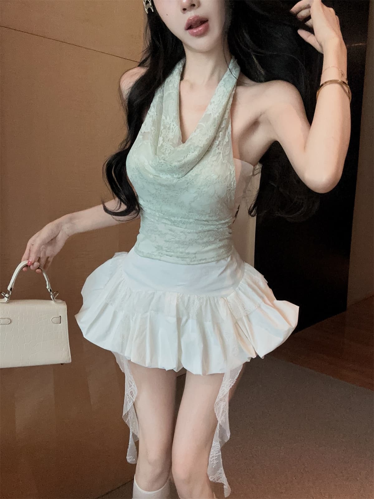 실사 정가 박하 녹색 레이스 순수한 욕망 행침 목 페이크 레이어드 맨위 프릴 퍼프 미니 스커트 여성복