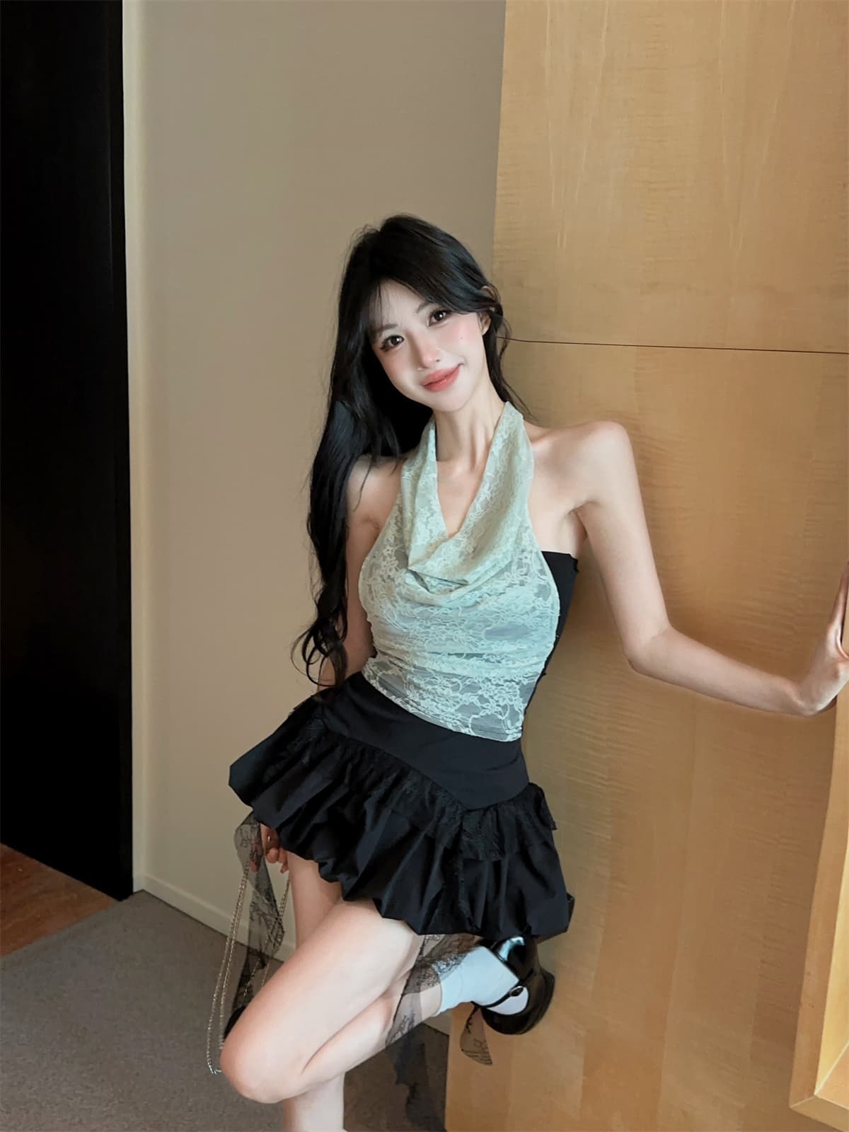 실사 정가 박하 녹색 레이스 순수한 욕망 행침 목 페이크 레이어드 맨위 프릴 퍼프 미니 스커트 여성복 상세 이미지 3