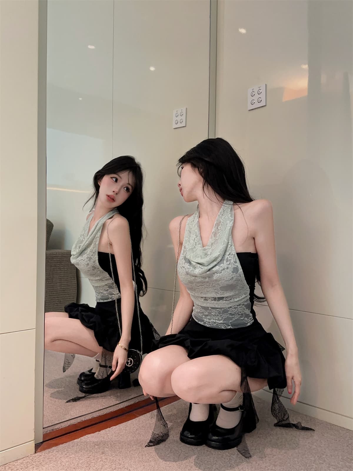 실사 정가 박하 녹색 레이스 순수한 욕망 행침 목 페이크 레이어드 맨위 프릴 퍼프 미니 스커트 여성복 상세 이미지 4