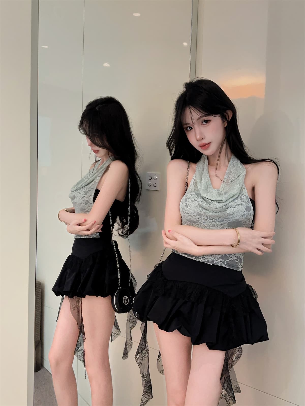 실사 정가 박하 녹색 레이스 순수한 욕망 행침 목 페이크 레이어드 맨위 프릴 퍼프 미니 스커트 여성복 상세 이미지 5