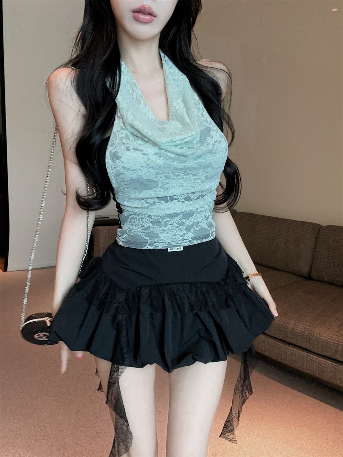 실사 정가 박하 녹색 레이스 순수한 욕망 행침 목 페이크 레이어드 맨위 프릴 퍼프 미니 스커트 여성복 상세 이미지 6