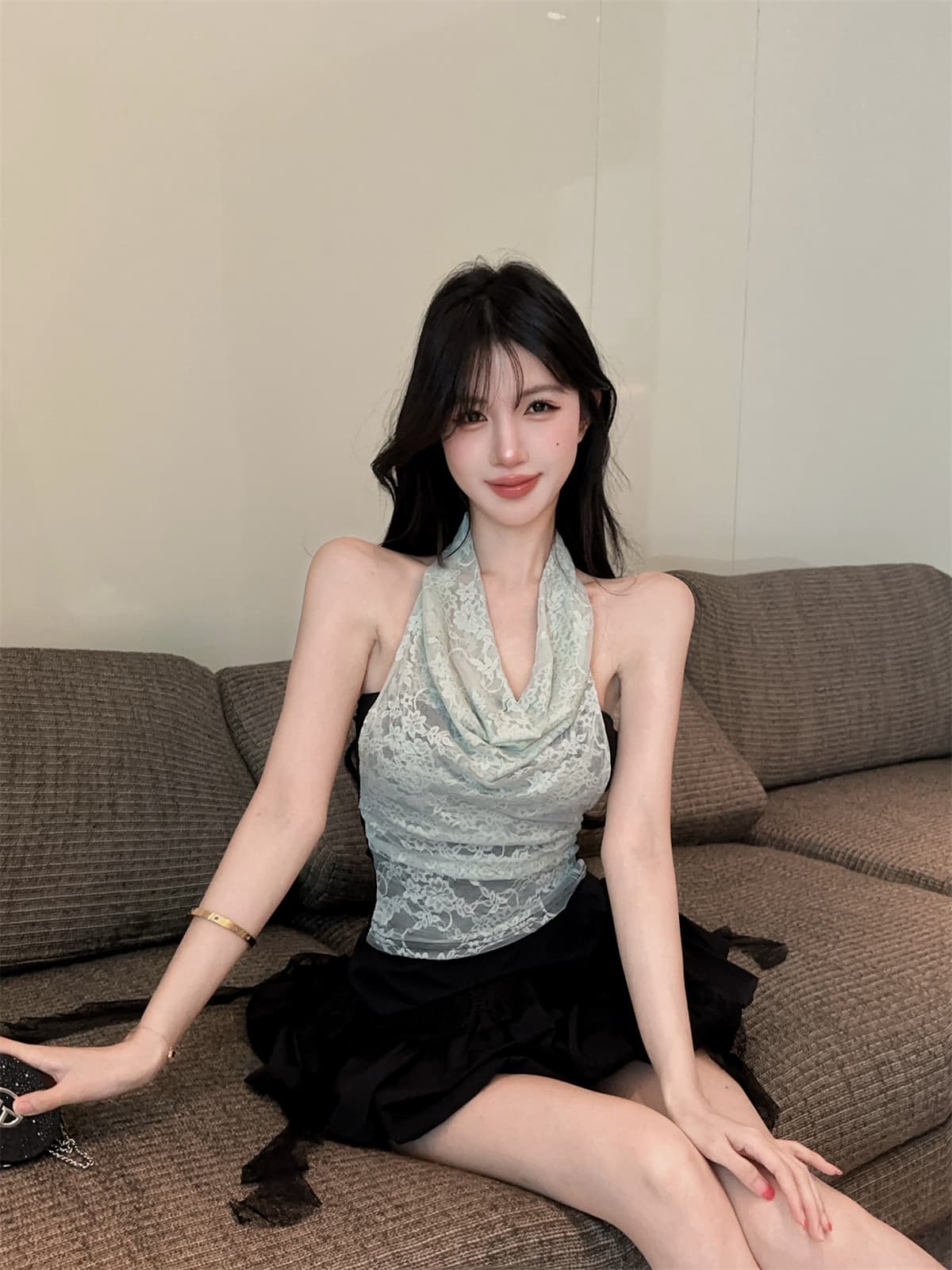 실사 정가 박하 녹색 레이스 순수한 욕망 행침 목 페이크 레이어드 맨위 프릴 퍼프 미니 스커트 여성복 상세 이미지 7
