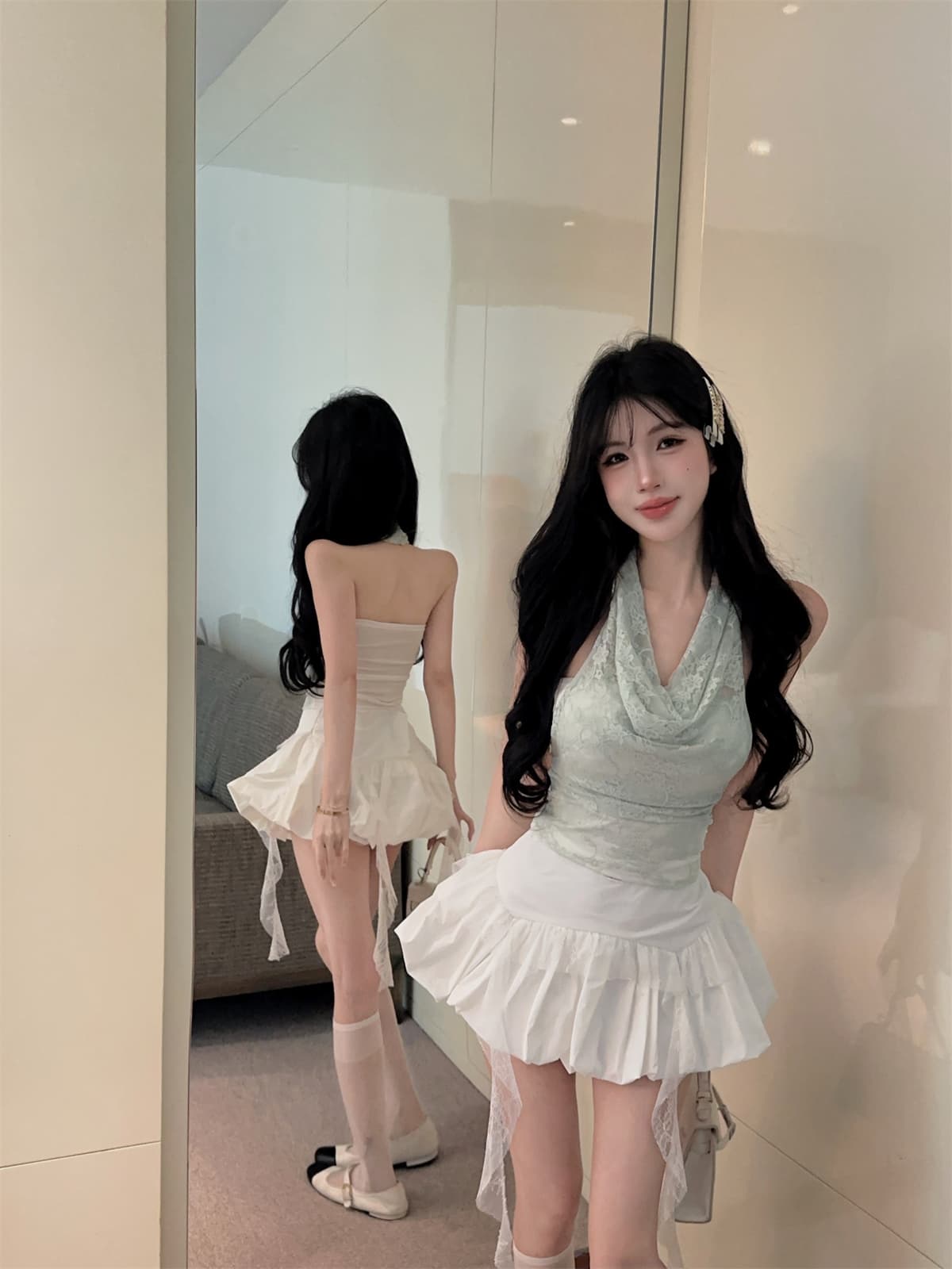 실사 정가 박하 녹색 레이스 순수한 욕망 행침 목 페이크 레이어드 맨위 프릴 퍼프 미니 스커트 여성복 상세 이미지 12