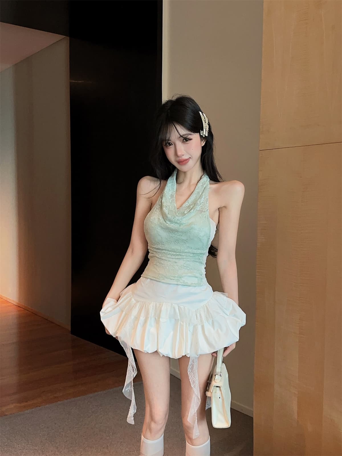 실사 정가 박하 녹색 레이스 순수한 욕망 행침 목 페이크 레이어드 맨위 프릴 퍼프 미니 스커트 여성복 상세 이미지 13