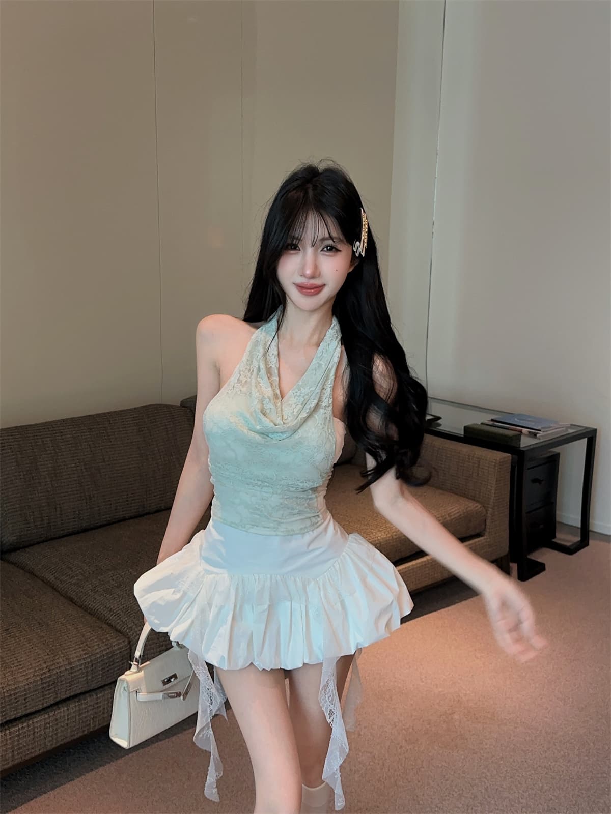 실사 정가 박하 녹색 레이스 순수한 욕망 행침 목 페이크 레이어드 맨위 프릴 퍼프 미니 스커트 여성복 상세 이미지 14