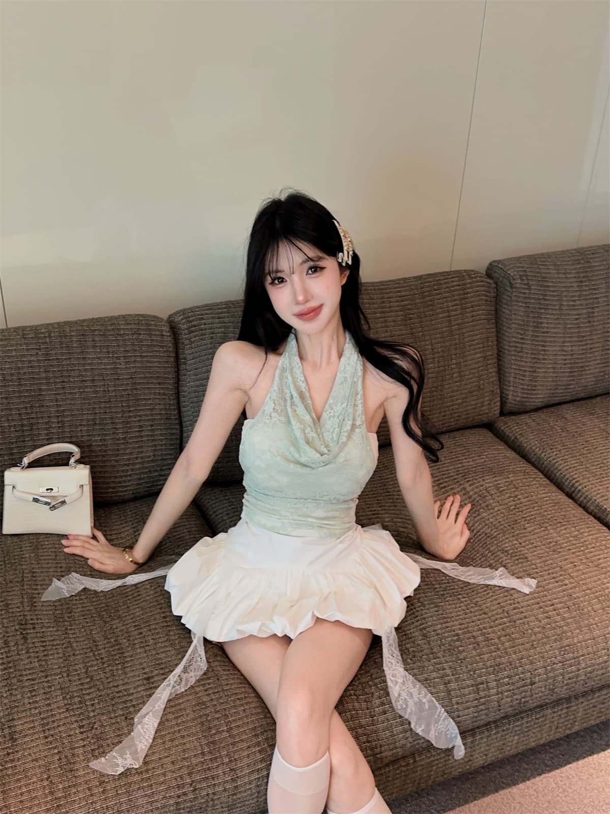 실사 정가 박하 녹색 레이스 순수한 욕망 행침 목 페이크 레이어드 맨위 프릴 퍼프 미니 스커트 여성복 상세 이미지 15