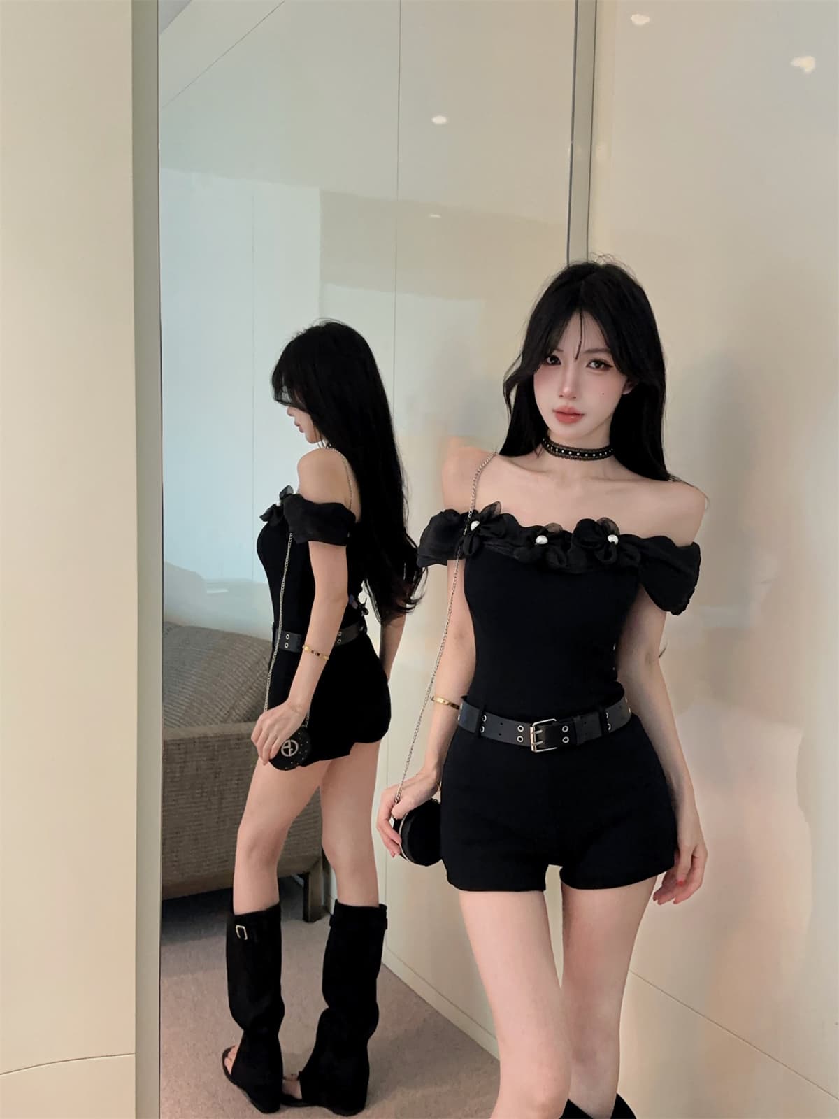 실사 정가 슬림해 보이는 달콤한 매운맛 꽃 장식 오프숄더 올인원 바지 반바지 여성 가을 레이스 목도리 징 벨트 상세 이미지 3