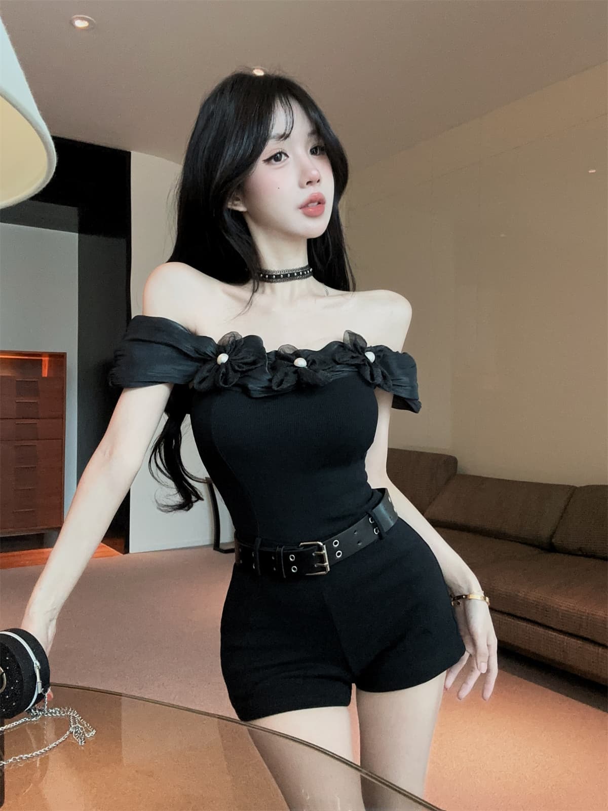 실사 정가 슬림해 보이는 달콤한 매운맛 꽃 장식 오프숄더 올인원 바지 반바지 여성 가을 레이스 목도리 징 벨트 상세 이미지 6