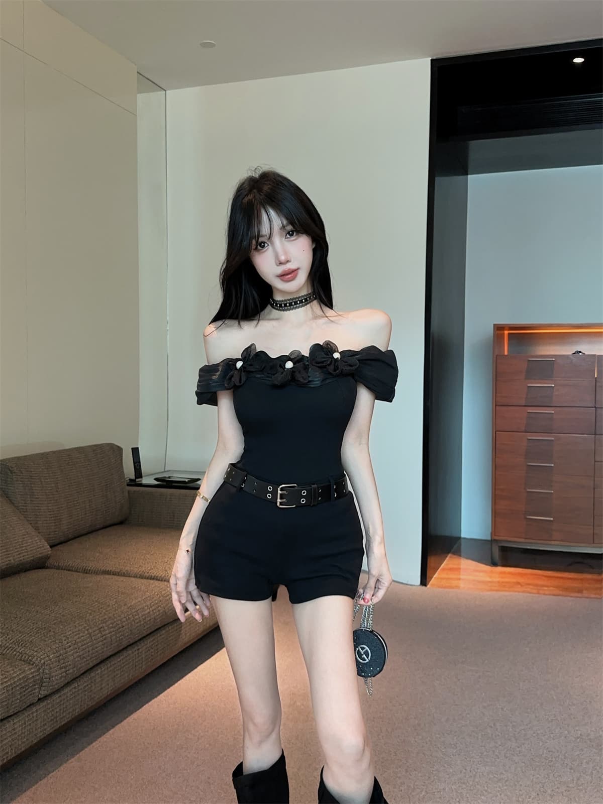 실사 정가 슬림해 보이는 달콤한 매운맛 꽃 장식 오프숄더 올인원 바지 반바지 여성 가을 레이스 목도리 징 벨트 상세 이미지 8