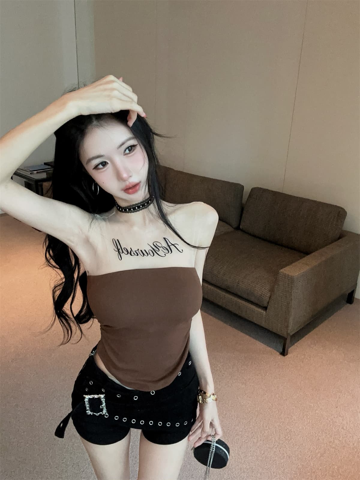 실사 정가 알파벳 망사 패치워크 순수한 욕망 맨위 디자인 센스 검정색 징 반바지 여성 가을 패션 세트 상세 이미지 4
