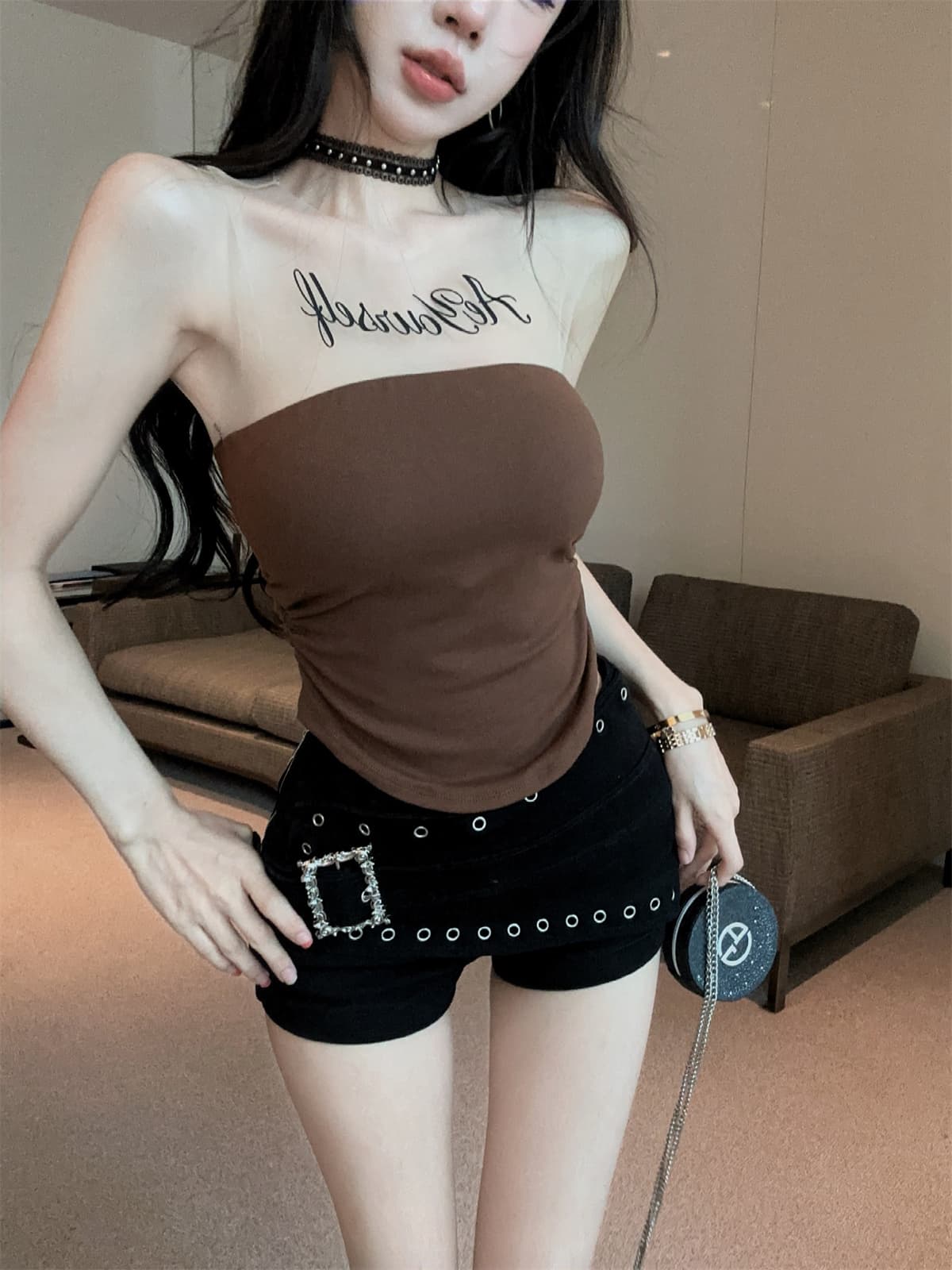 실사 정가 알파벳 망사 패치워크 순수한 욕망 맨위 디자인 센스 검정색 징 반바지 여성 가을 패션 세트 상세 이미지 5
