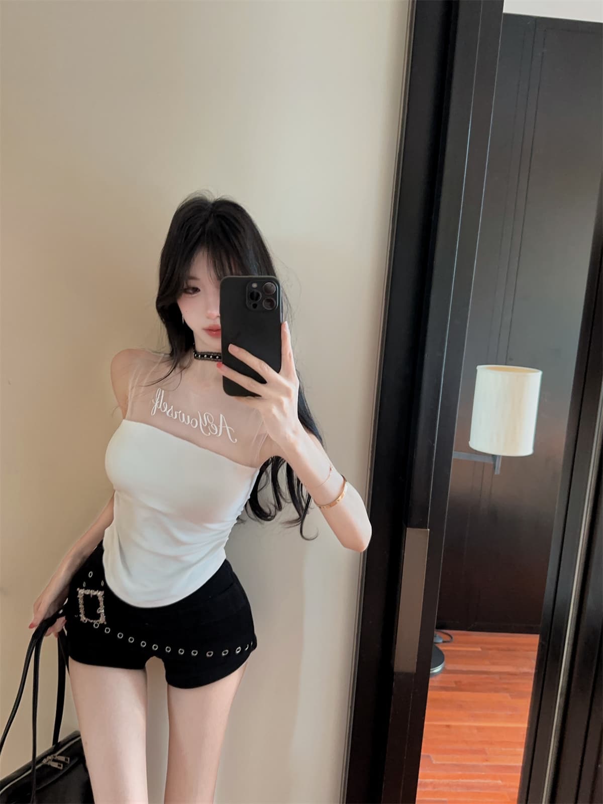 실사 정가 알파벳 망사 패치워크 순수한 욕망 맨위 디자인 센스 검정색 징 반바지 여성 가을 패션 세트 상세 이미지 10