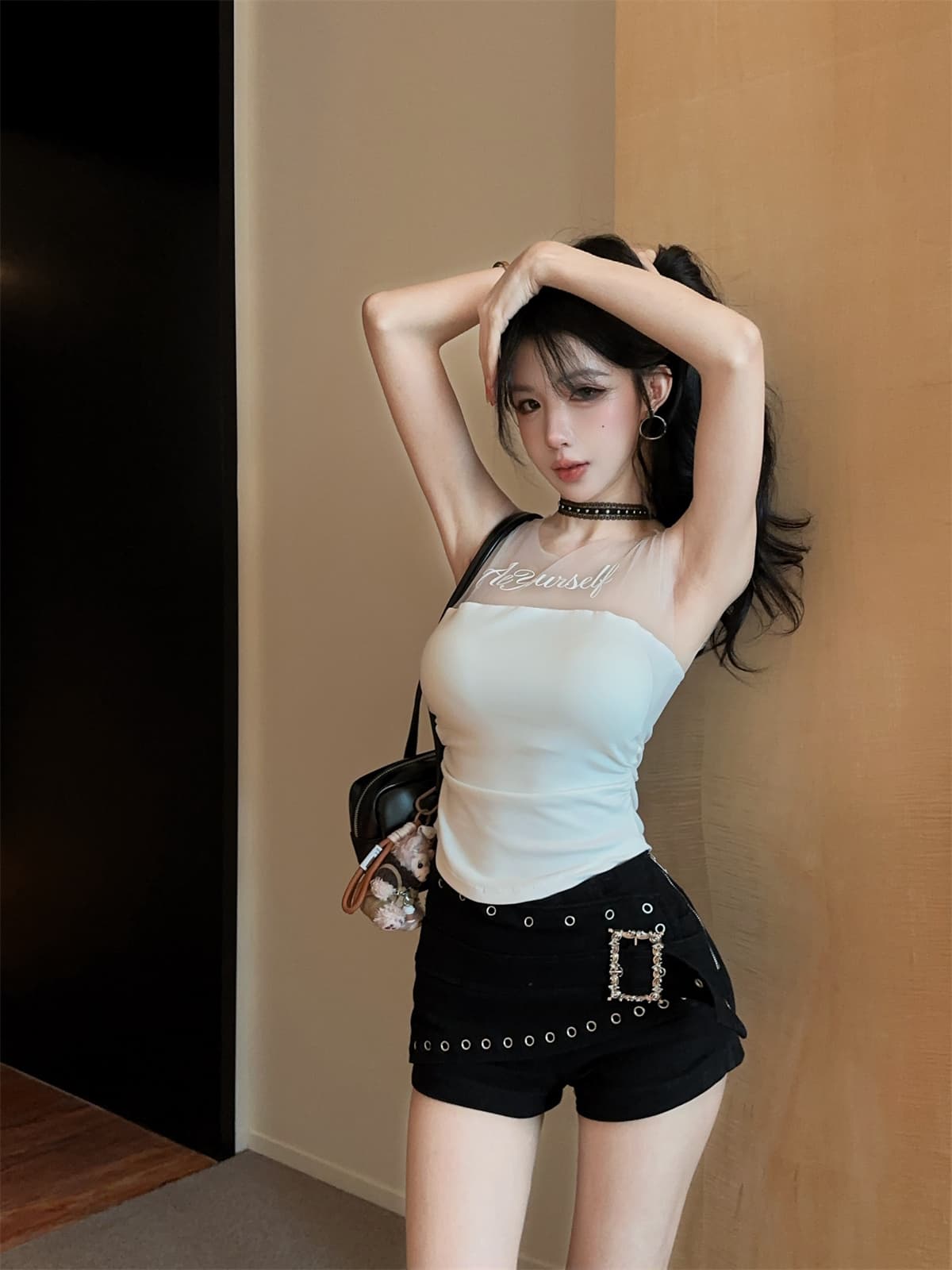 실사 정가 알파벳 망사 패치워크 순수한 욕망 맨위 디자인 센스 검정색 징 반바지 여성 가을 패션 세트 상세 이미지 12