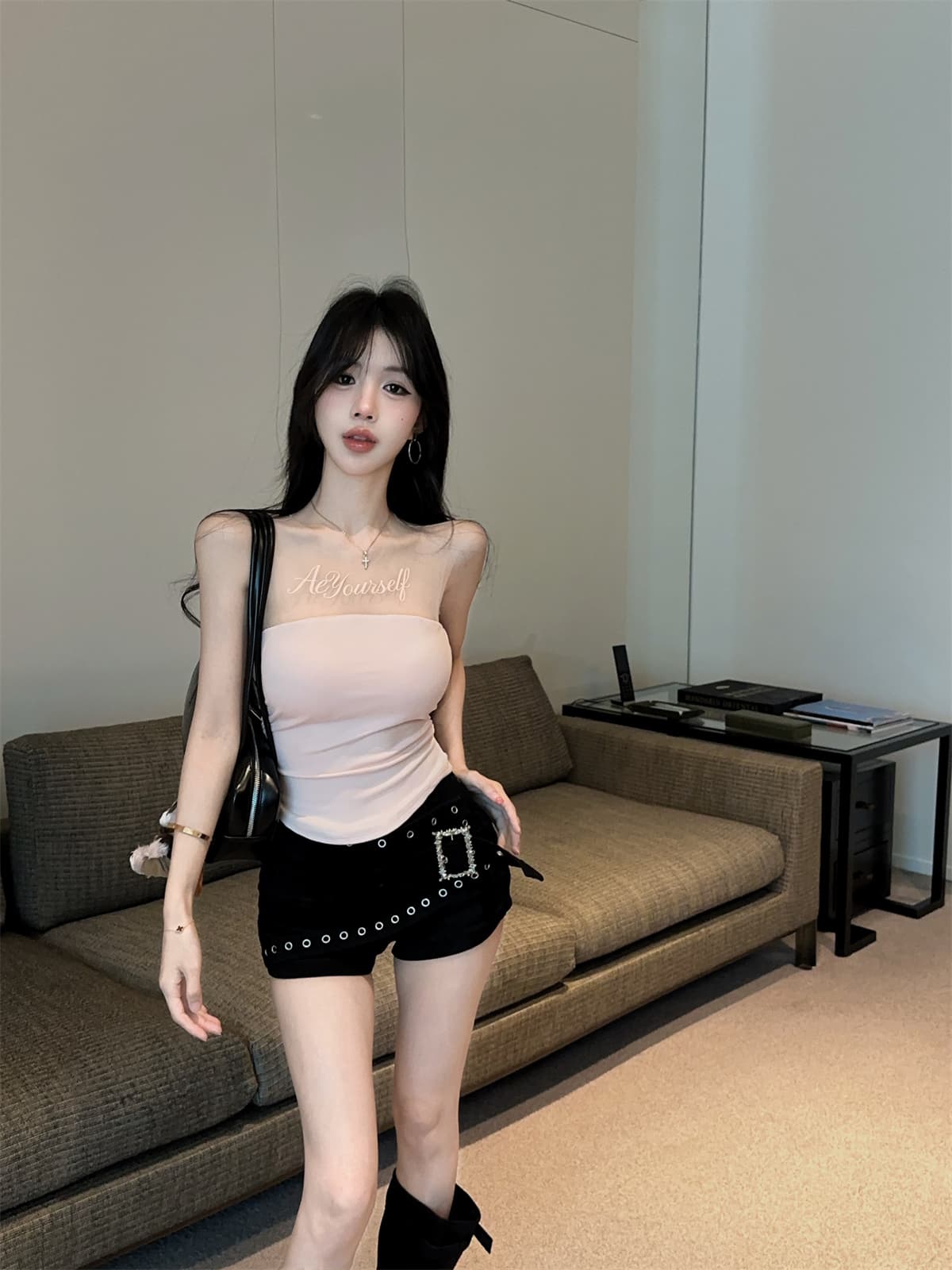 실사 정가 알파벳 망사 패치워크 순수한 욕망 맨위 디자인 센스 검정색 징 반바지 여성 가을 패션 세트 상세 이미지 24