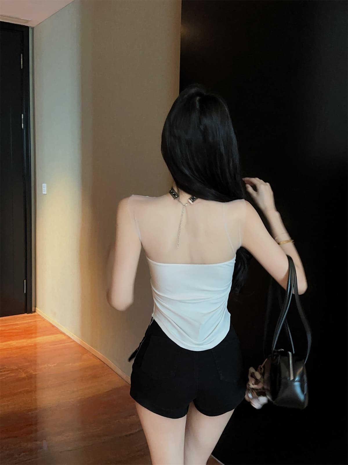 실사 정가 알파벳 망사 패치워크 순수한 욕망 맨위 디자인 센스 검정색 징 반바지 여성 가을 패션 세트 상세 이미지 26