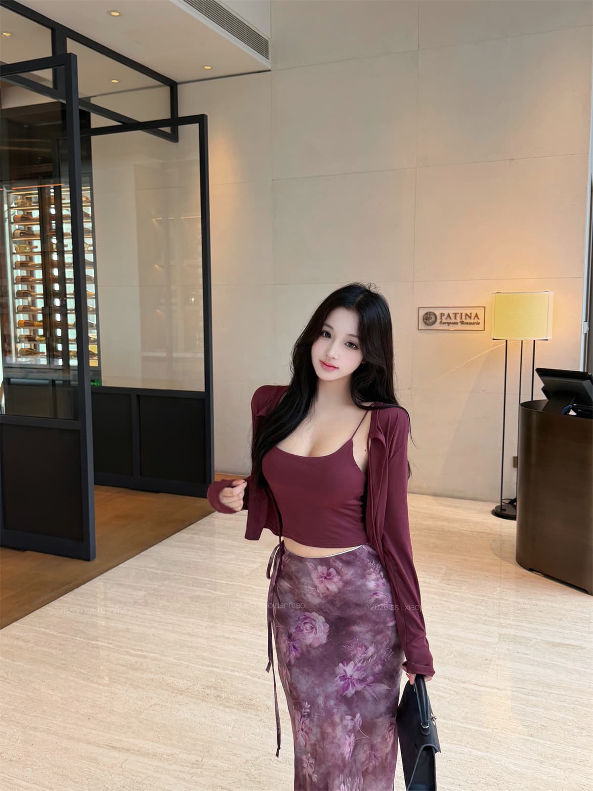 실사 정가 부드러운 니트 오픈 가디건 순수한 욕망 슬립 레트로 프린트 새틴 반신 롱 스커트 여성 가을 세트 상세 이미지 5