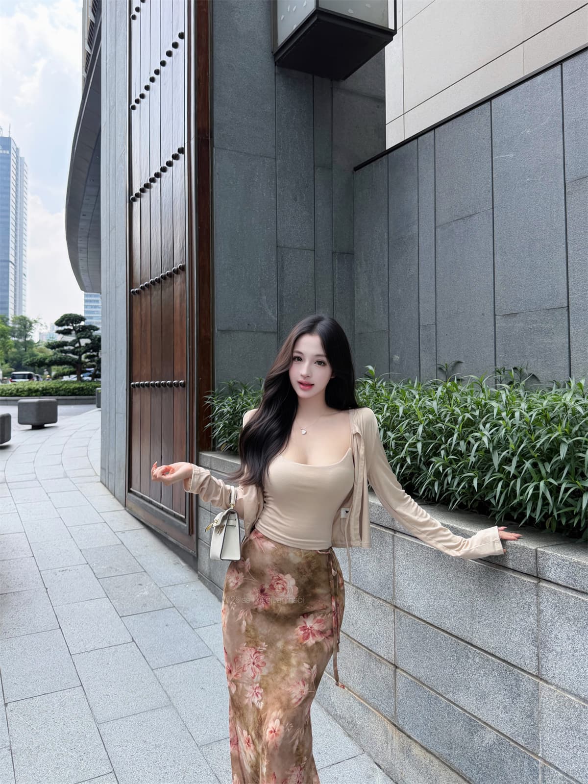실사 정가 부드러운 니트 오픈 가디건 순수한 욕망 슬립 레트로 프린트 새틴 반신 롱 스커트 여성 가을 세트 상세 이미지 15
