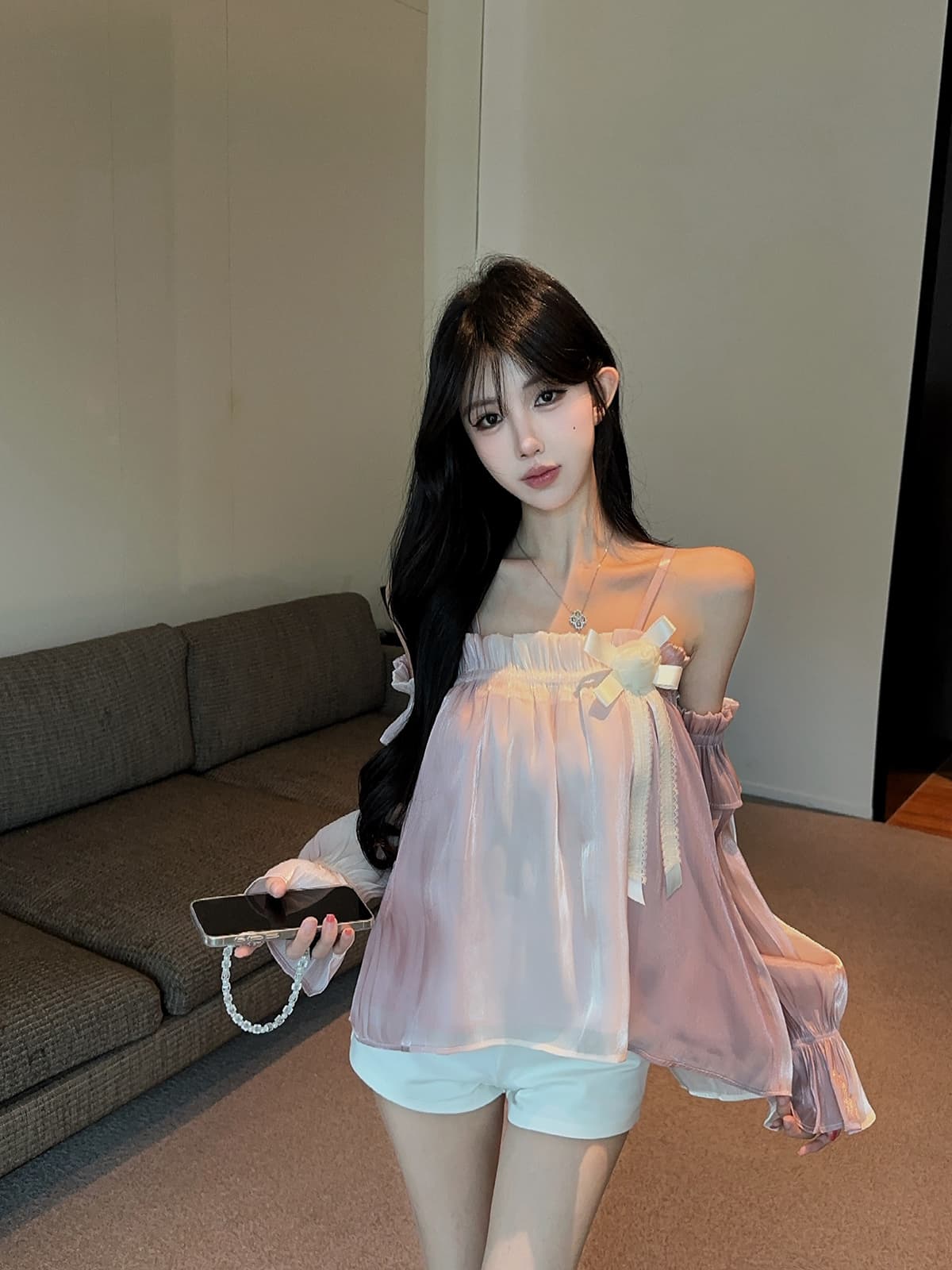 실사 정가 보트넥 술 장미 슬립 맨위 깃발 맨위 슬립 화이트 반바지 세트 상세 이미지 5