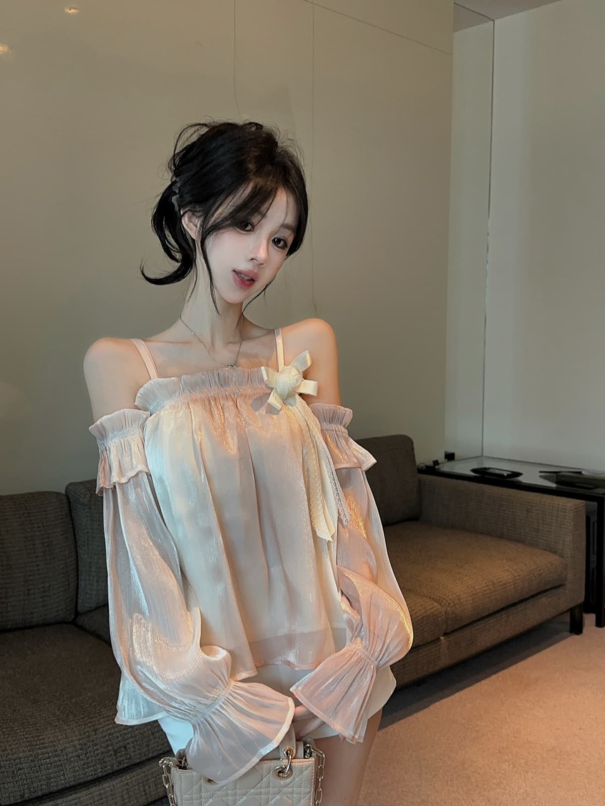 실사 정가 보트넥 술 장미 슬립 맨위 깃발 맨위 슬립 화이트 반바지 세트 상세 이미지 17