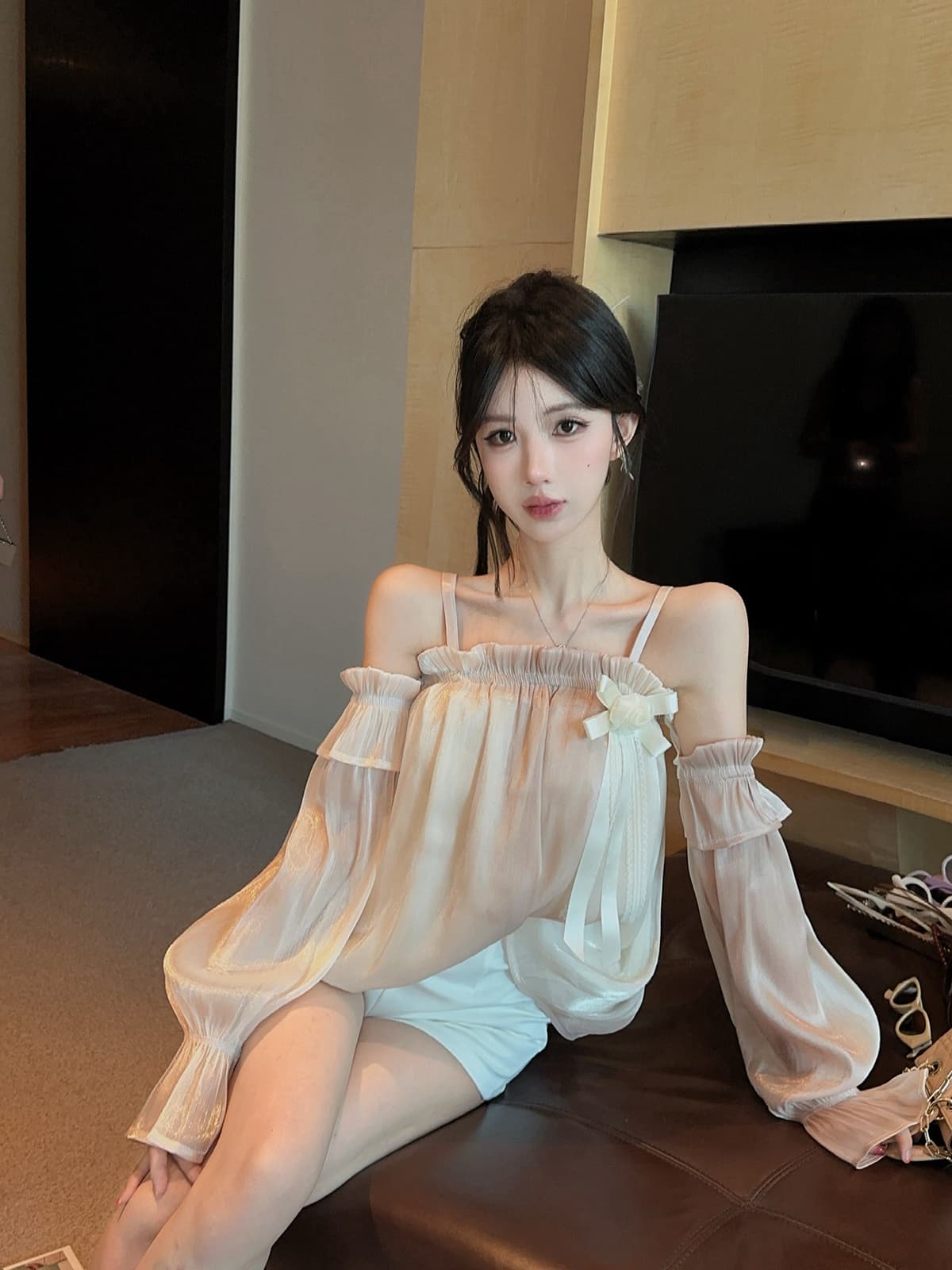 실사 정가 보트넥 술 장미 슬립 맨위 깃발 맨위 슬립 화이트 반바지 세트 상세 이미지 19