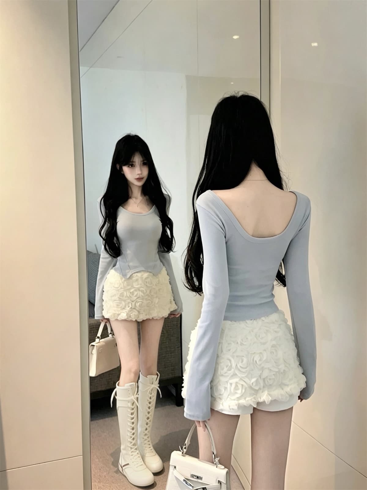 실사 정가 chic 순수한 욕망 u 칼라 몸매 가꾸기 긴팔 기본 셔츠 맨위 장미 3 차원 꽃 미니 스커트 여성 가을 세트 상세 이미지 8