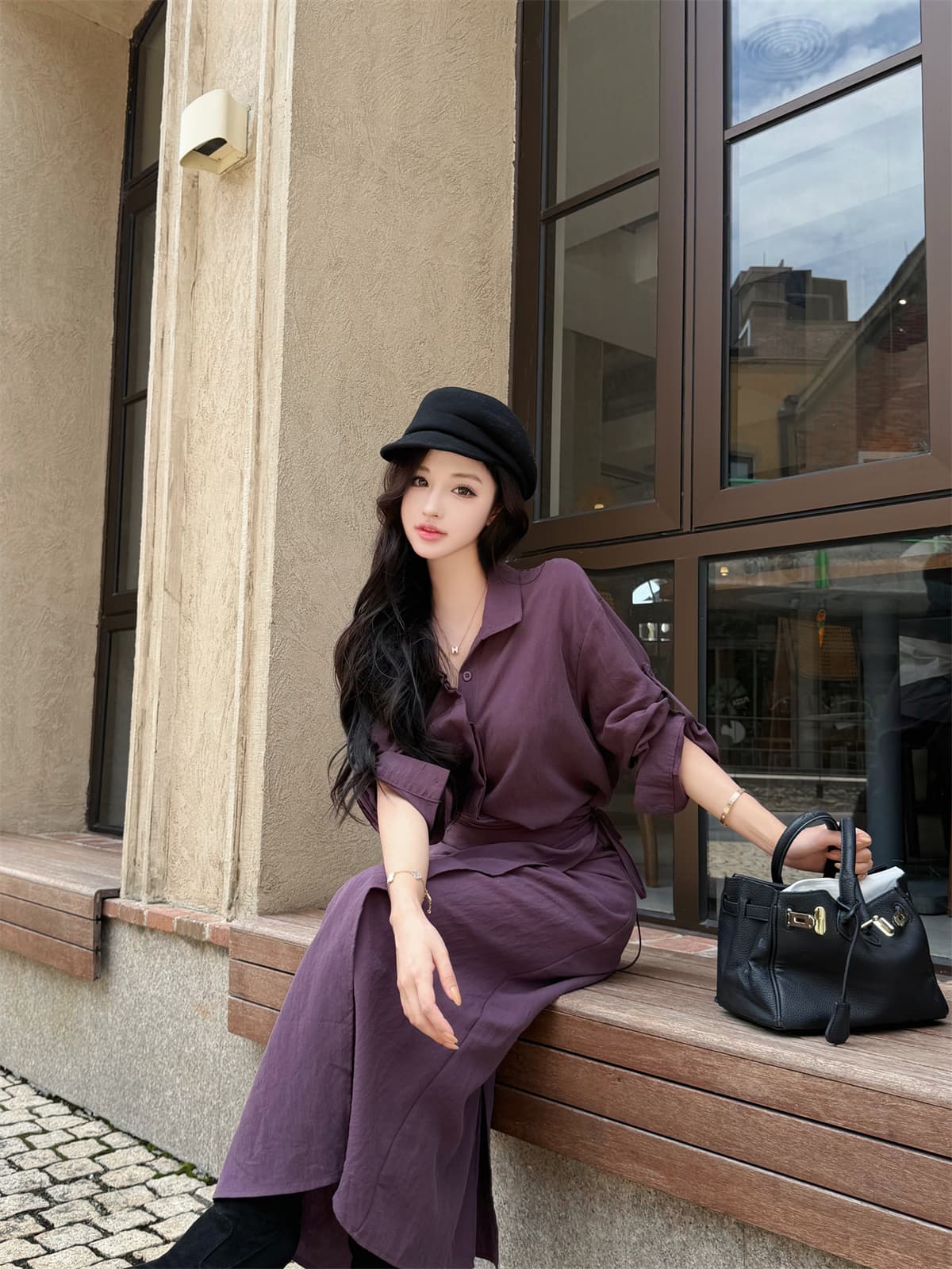 실사 정가 고급 센스 경기 스카프 허리 수축 셔츠 스타일 롱 스커트 페이크 레이어드 프랑스식 바람막이 드레스 이미지 3