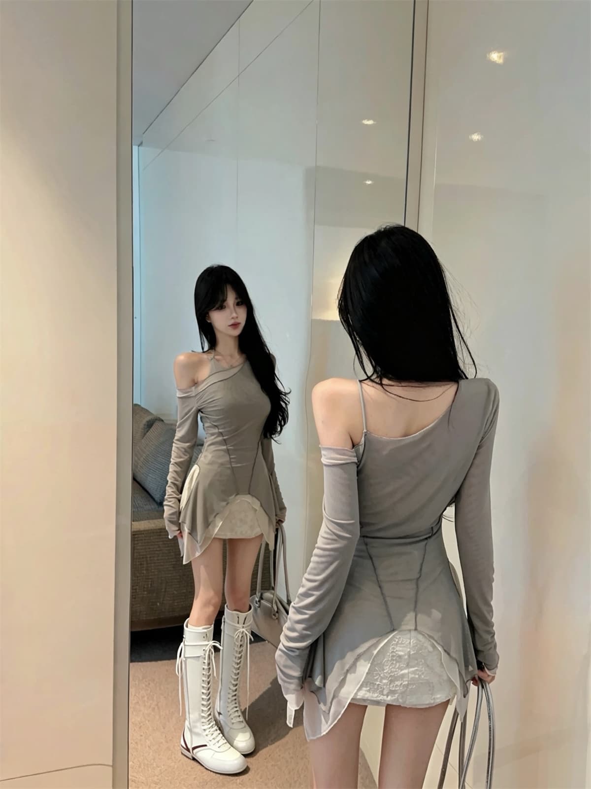 실사 정가 망사 패치워크 색상 오프숄더 행침 목 불규칙 페이크 레이어드 맨위 자수 미니 스커트 여성 가을 세트 상세 이미지 3
