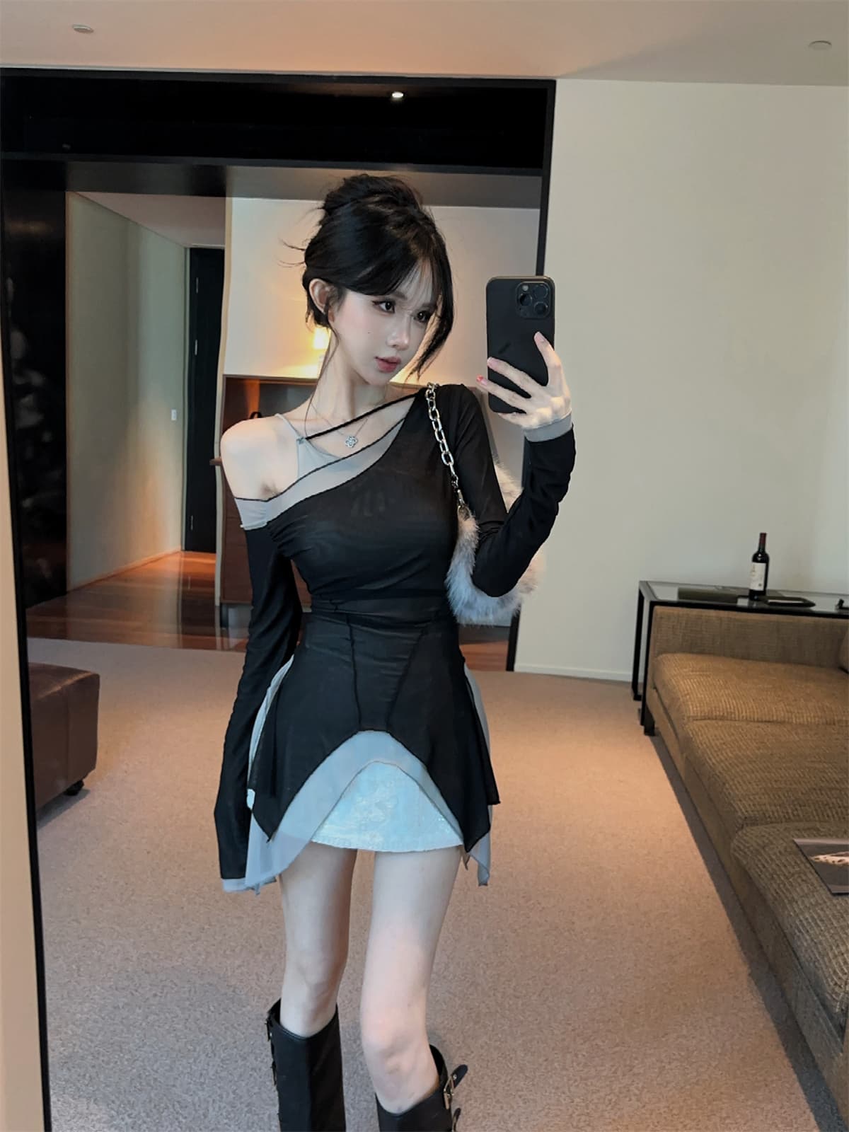 실사 정가 망사 패치워크 색상 오프숄더 행침 목 불규칙 페이크 레이어드 맨위 자수 미니 스커트 여성 가을 세트 상세 이미지 11