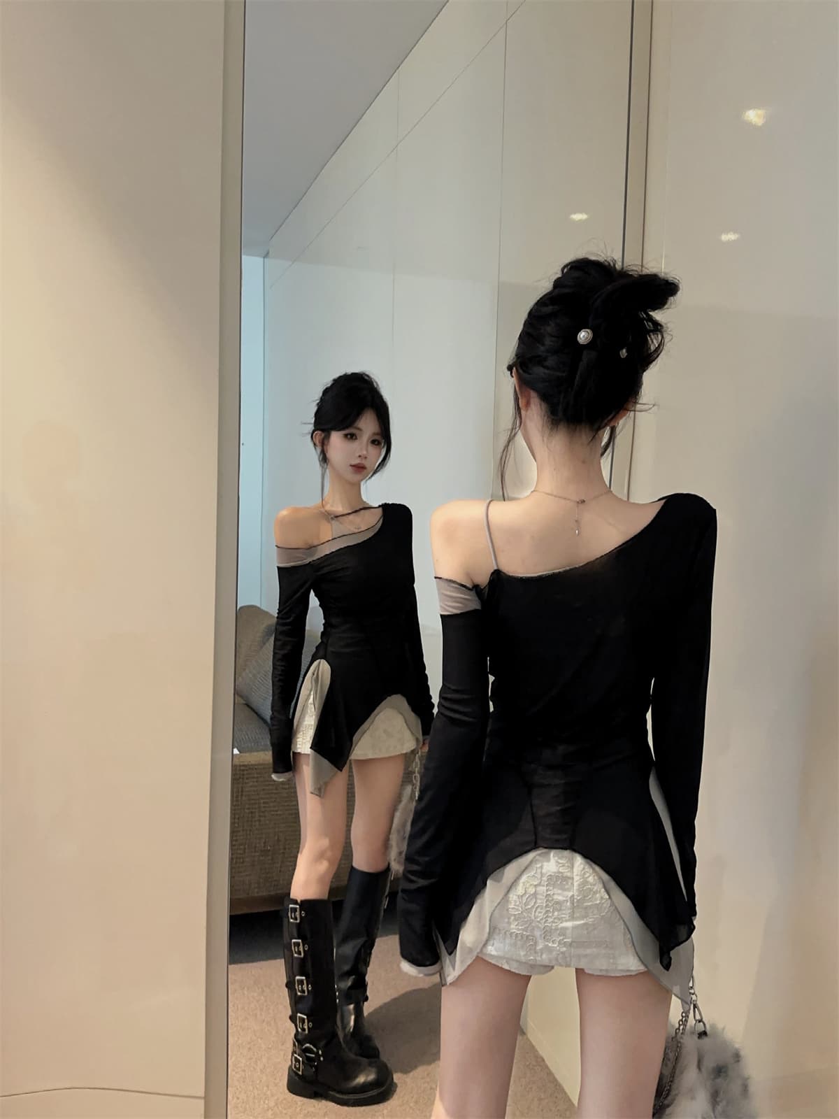 실사 정가 망사 패치워크 색상 오프숄더 행침 목 불규칙 페이크 레이어드 맨위 자수 미니 스커트 여성 가을 세트 상세 이미지 12