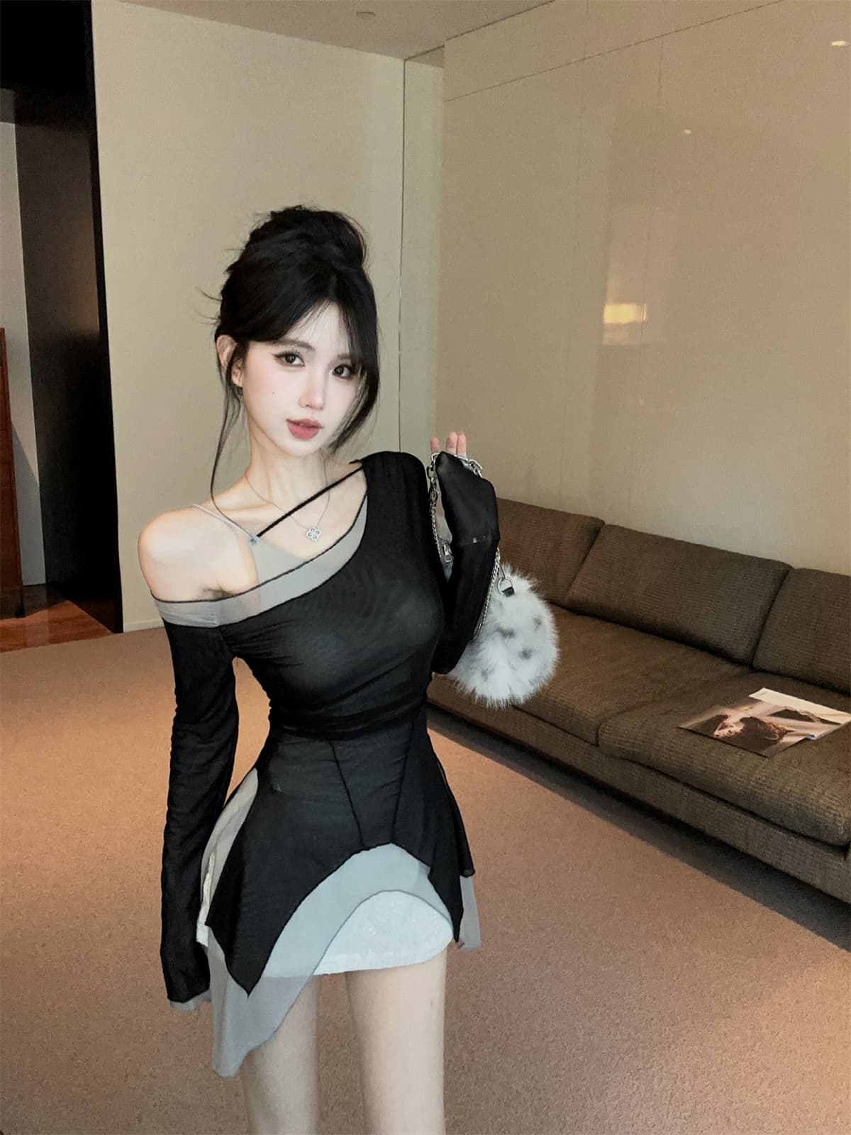 실사 정가 망사 패치워크 색상 오프숄더 행침 목 불규칙 페이크 레이어드 맨위 자수 미니 스커트 여성 가을 세트 상세 이미지 14
