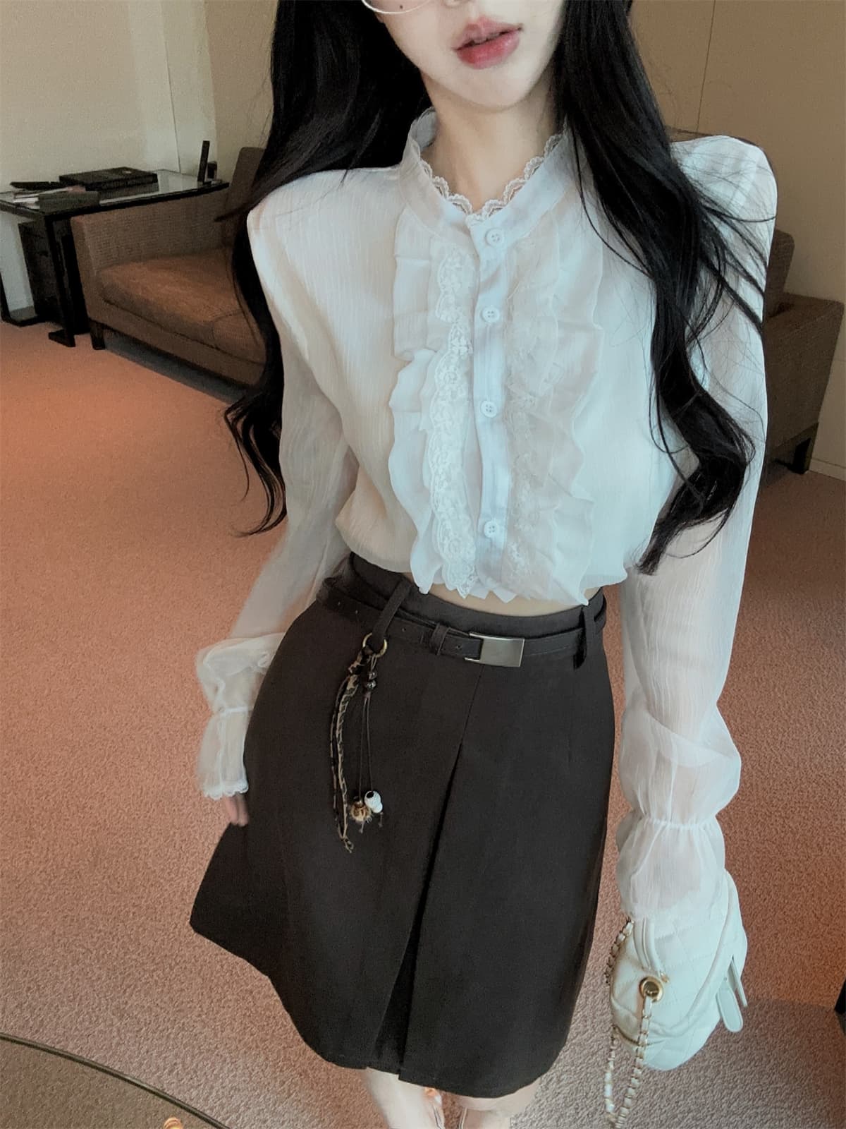 실사 정가 프랑스식 프릴 꽃무늬 쇼트 스타일 쉬폰 셔츠 하이웨이스트 한 마디 반신 스커트 여성 가을 세트 상세 이미지 1