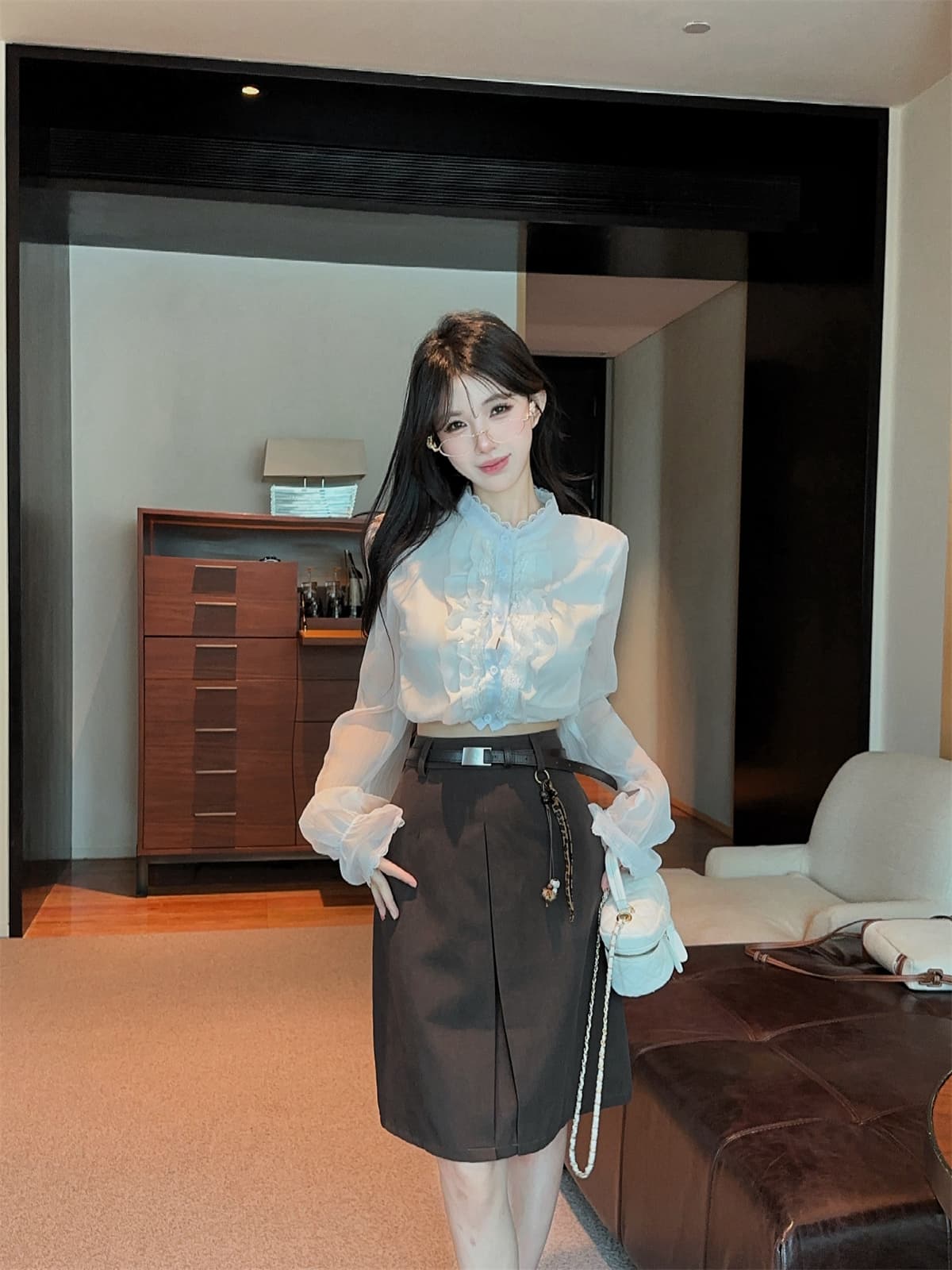 실사 정가 프랑스식 프릴 꽃무늬 쇼트 스타일 쉬폰 셔츠 하이웨이스트 한 마디 반신 스커트 여성 가을 세트 상세 이미지 2