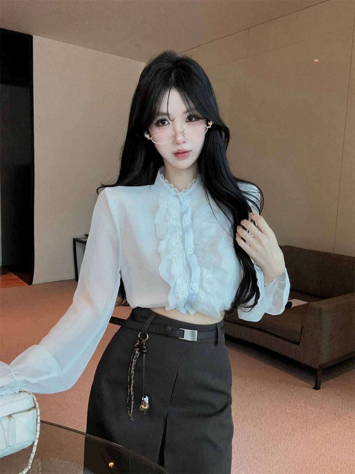 실사 정가 프랑스식 프릴 꽃무늬 쇼트 스타일 쉬폰 셔츠 하이웨이스트 한 마디 반신 스커트 여성 가을 세트 상세 이미지 3