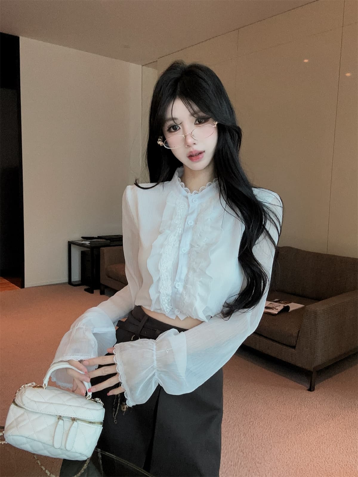 실사 정가 프랑스식 프릴 꽃무늬 쇼트 스타일 쉬폰 셔츠 하이웨이스트 한 마디 반신 스커트 여성 가을 세트 상세 이미지 6
