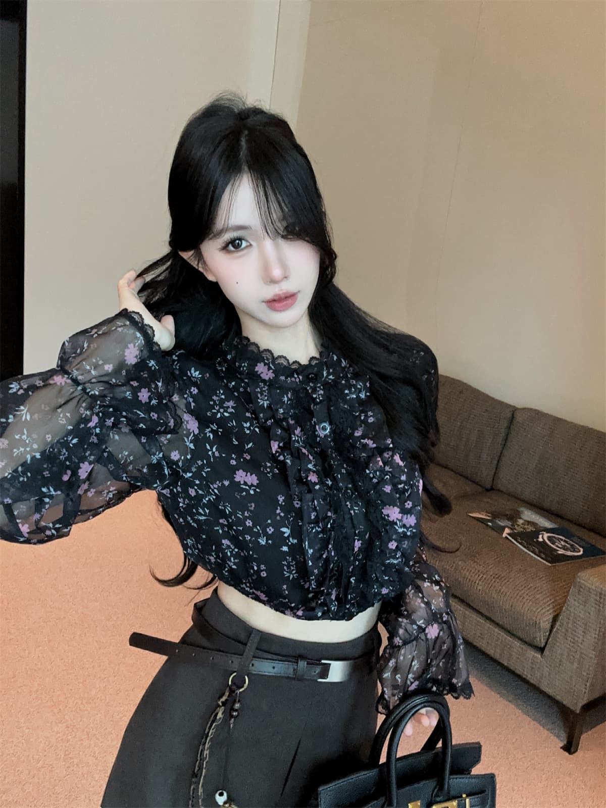 실사 정가 프랑스식 프릴 꽃무늬 쇼트 스타일 쉬폰 셔츠 하이웨이스트 한 마디 반신 스커트 여성 가을 세트 상세 이미지 11