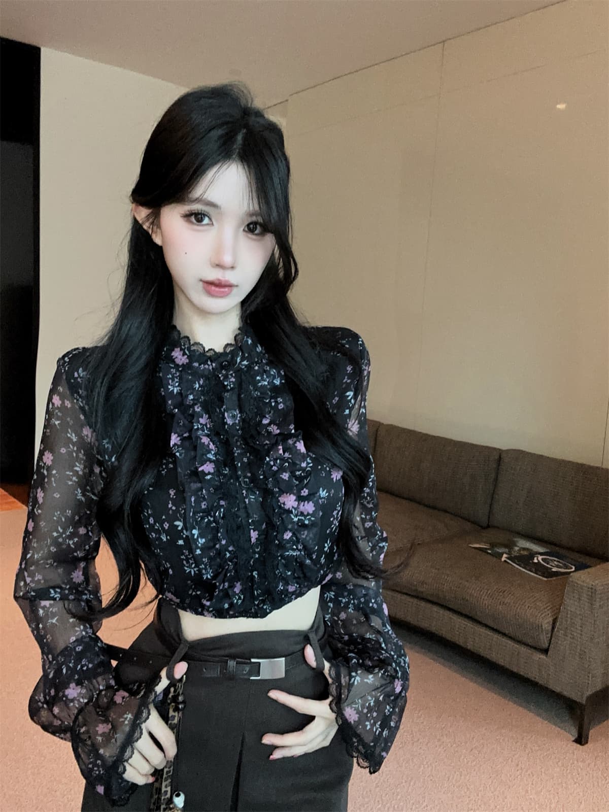 실사 정가 프랑스식 프릴 꽃무늬 쇼트 스타일 쉬폰 셔츠 하이웨이스트 한 마디 반신 스커트 여성 가을 세트 상세 이미지 13