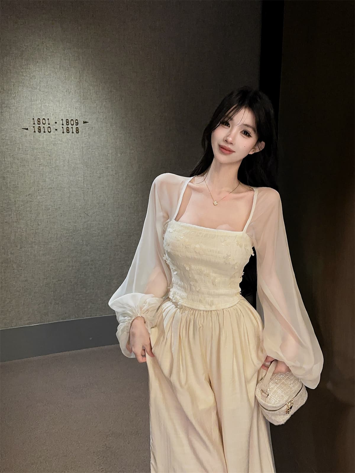 실사 정가 광장 칼라 거품 소매 3 차원 꽃 쇼트 스타일 부드러운 프랑스식 맨위 와이드 레그 팬츠 긴 바지 여성 가을 세트 상세 이미지 3