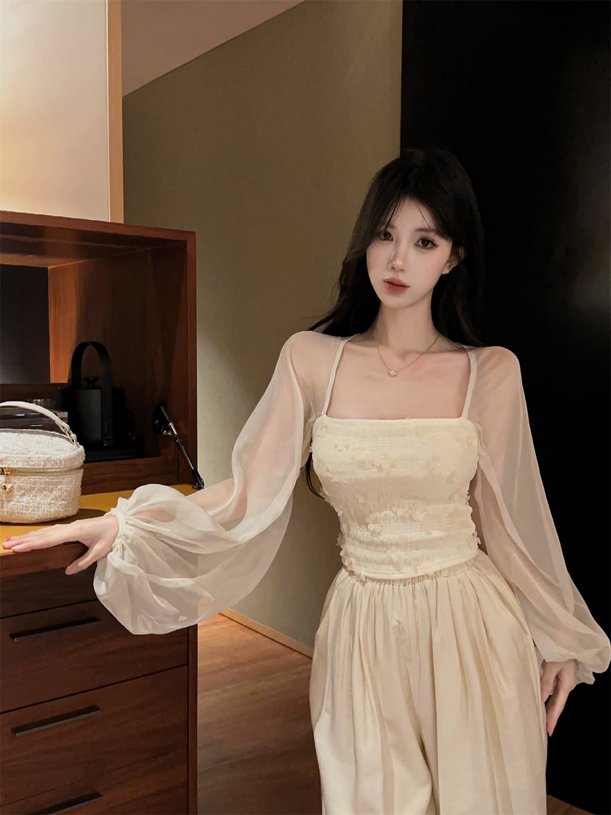 실사 정가 광장 칼라 거품 소매 3 차원 꽃 쇼트 스타일 부드러운 프랑스식 맨위 와이드 레그 팬츠 긴 바지 여성 가을 세트 상세 이미지 4