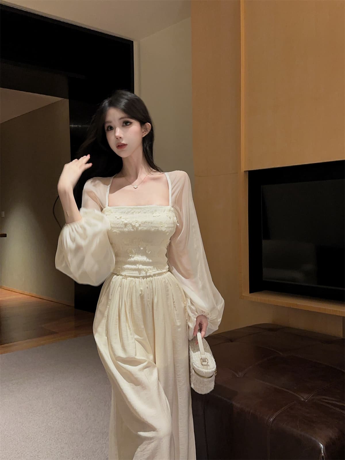 실사 정가 광장 칼라 거품 소매 3 차원 꽃 쇼트 스타일 부드러운 프랑스식 맨위 와이드 레그 팬츠 긴 바지 여성 가을 세트 상세 이미지 5