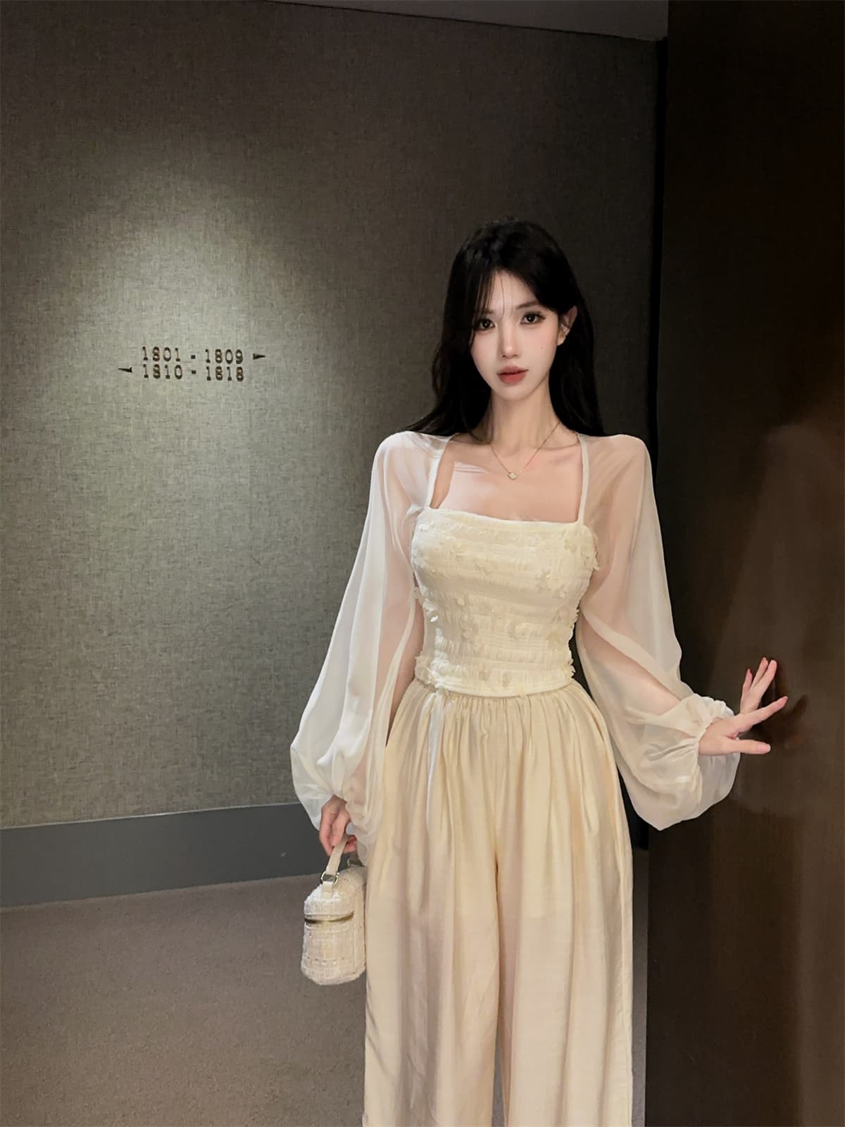 실사 정가 광장 칼라 거품 소매 3 차원 꽃 쇼트 스타일 부드러운 프랑스식 맨위 와이드 레그 팬츠 긴 바지 여성 가을 세트 상세 이미지 6