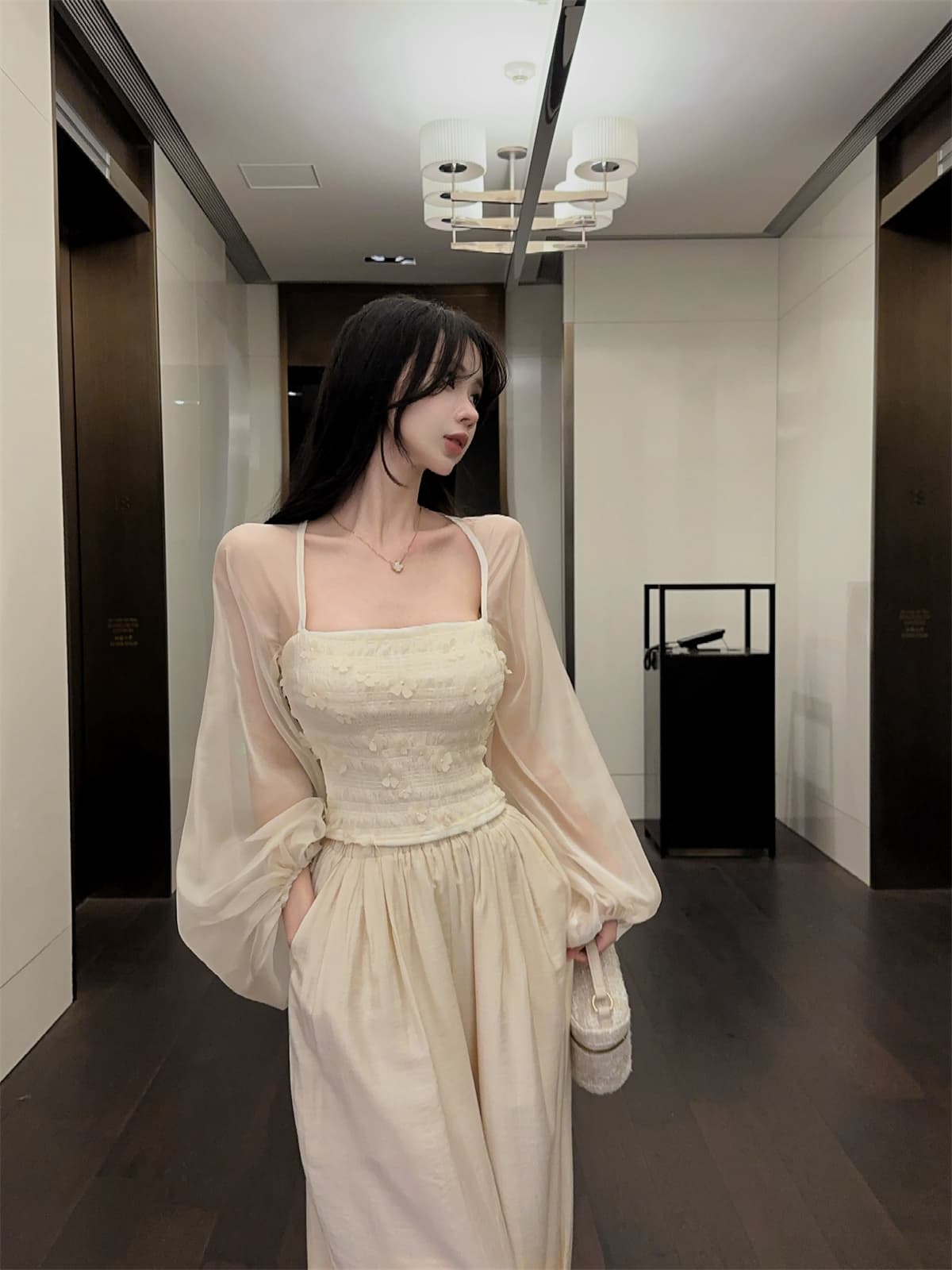 실사 정가 광장 칼라 거품 소매 3 차원 꽃 쇼트 스타일 부드러운 프랑스식 맨위 와이드 레그 팬츠 긴 바지 여성 가을 세트 상세 이미지 7