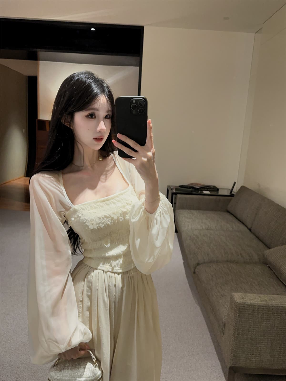 실사 정가 달콤한 미국 칼라 거품 소매 3 차원 꽃 쇼트 스타일 맨위 부드러운 프랑스식 여성 셔츠 가을 세트 상세 이미지 4