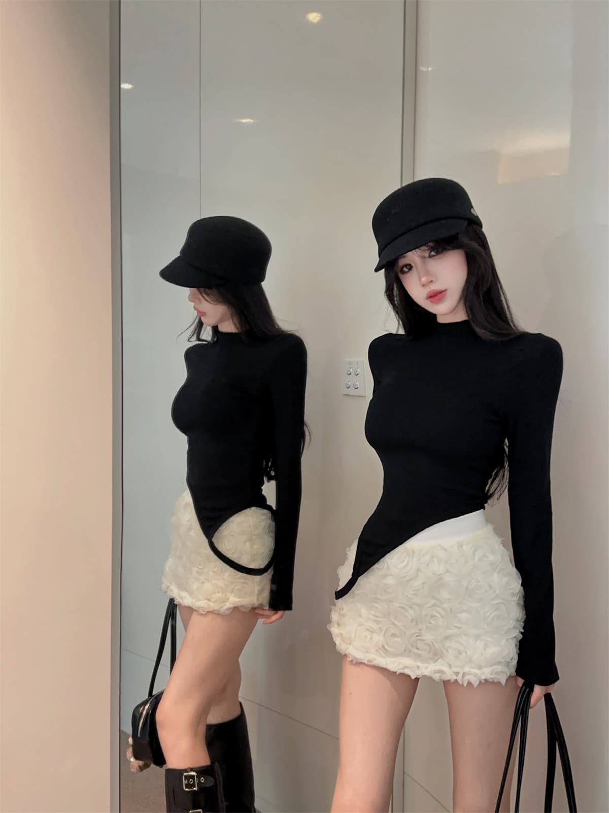 실사 정가 작은 스탠드 칼라 디자인 센스 긴 소매 티셔츠 3 차원 꽃 미니 스커트 여성 가을 패션 세트 상세 이미지 12