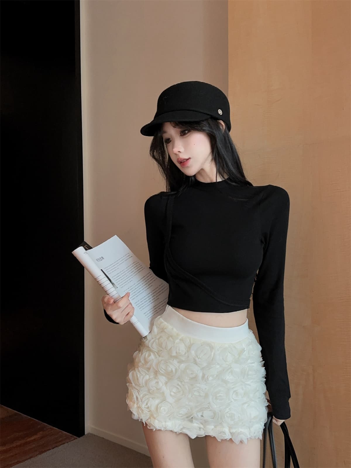 실사 정가 작은 스탠드 칼라 디자인 센스 긴 소매 티셔츠 3 차원 꽃 미니 스커트 여성 가을 패션 세트 상세 이미지 14