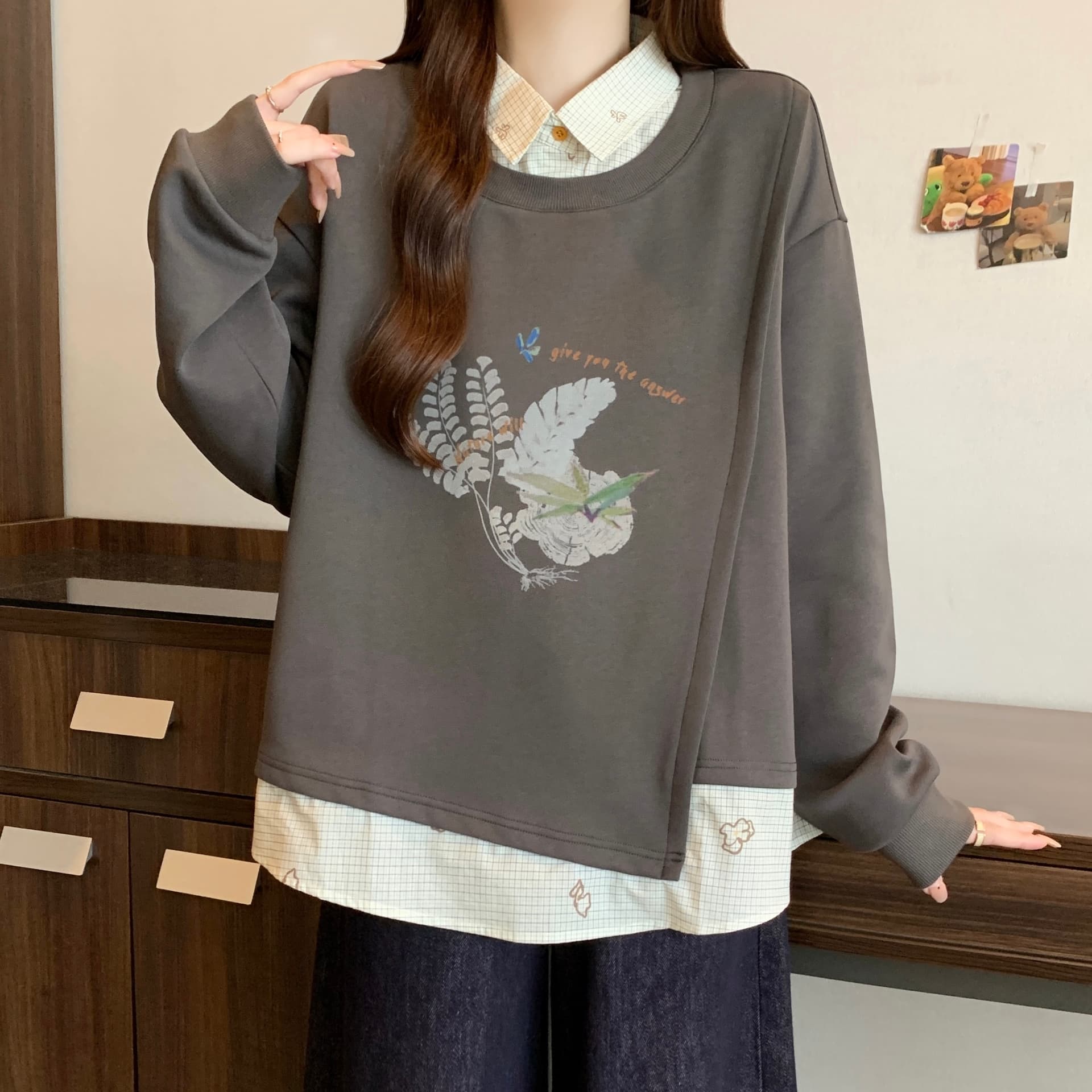 빅 사이즈 페이크 레이어드 패치워크 작은 키 후드티 여성 2026 가을 새로운 패션 폴로 칼라 캐주얼 맨위 이미지 6