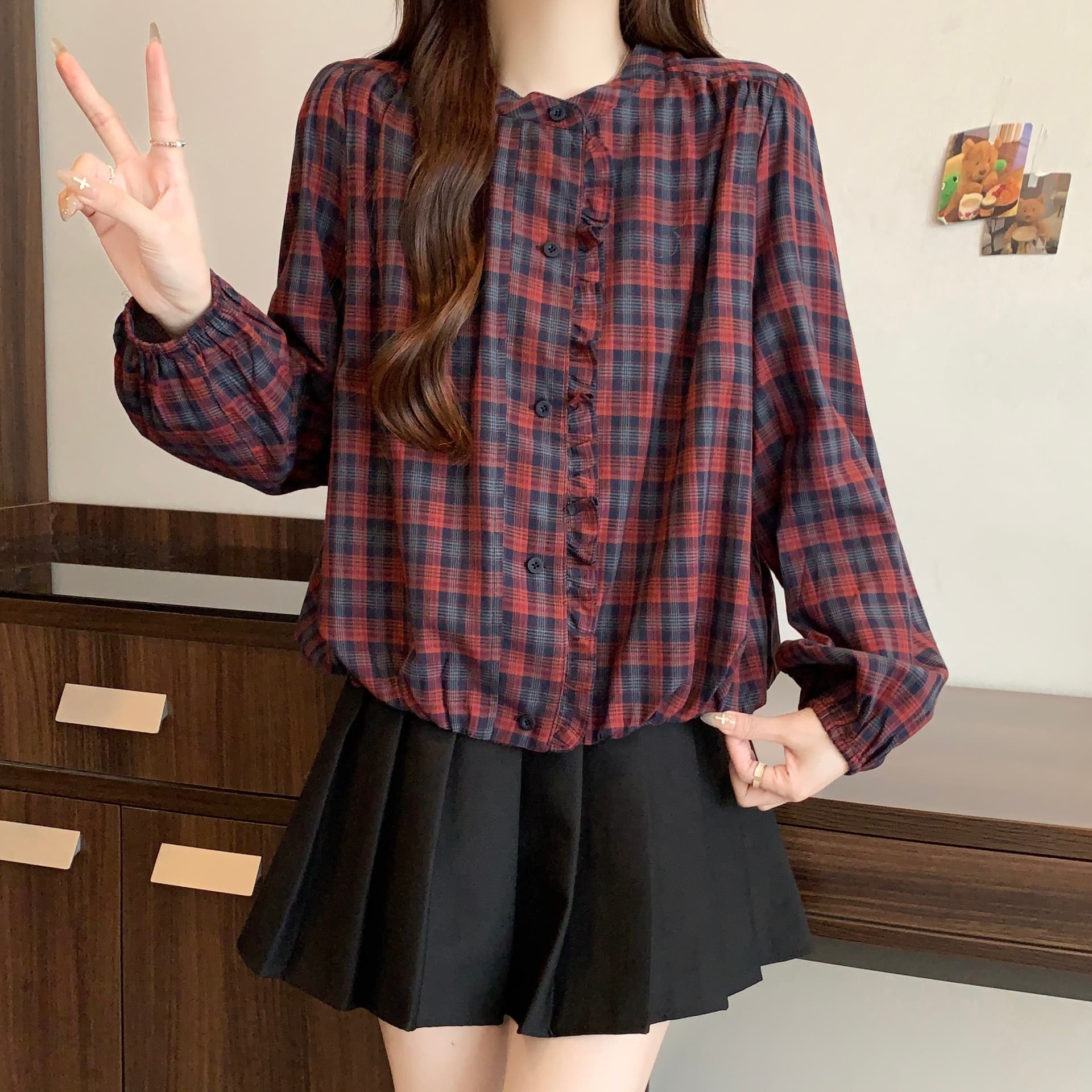 빅 사이즈 패션 연령 감소 슬림해 보이는 연꽃 잎 옆문 襟 주름 면 여성 셔츠 2026 가을 폭발 표지 고기 다용도 재킷 상세 이미지 5