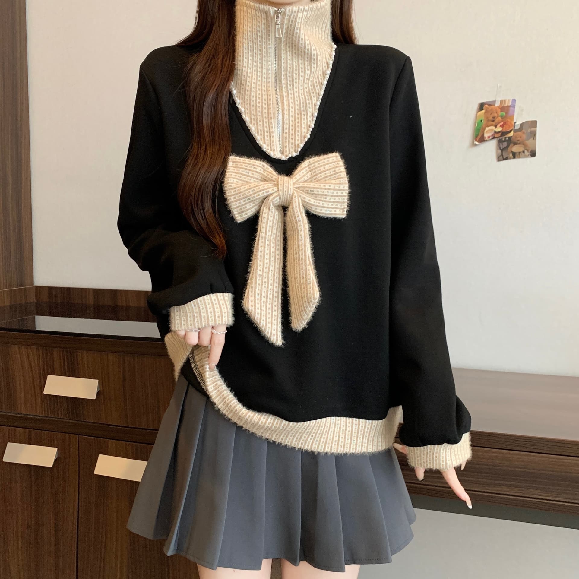 빅 사이즈 패션 빅 칼라 나비 매듭 패치워크 페이크 레이어드 후드티 여성 26 새로운 무거운 작업 비즈 박기 루즈핏 맨위 상세 이미지 7